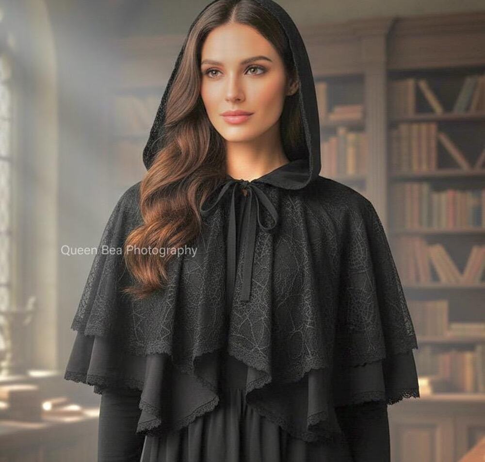 Black Gothic Spiderweb Lace Capelet with Cat Ears Hood (One Size) Vtg